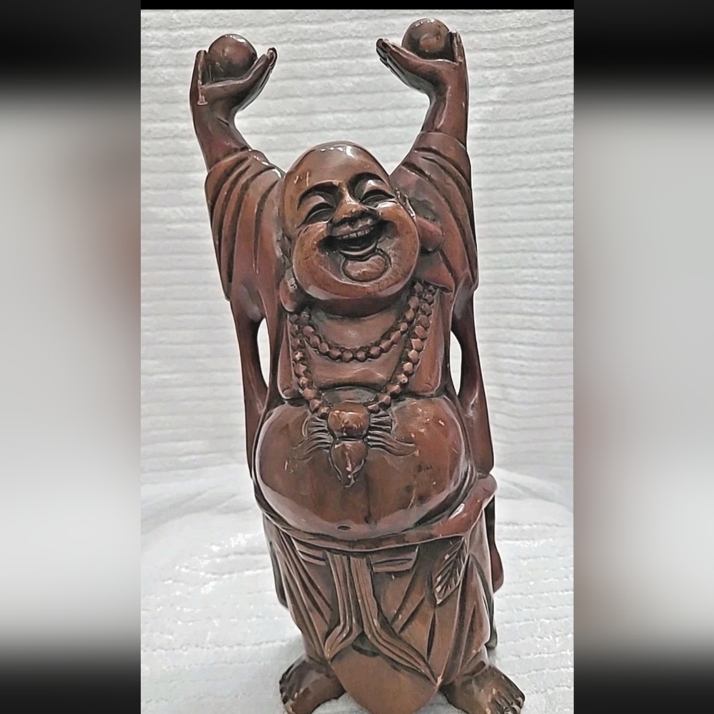 Carved Wood Laughing Buddha Statue – Arms Raised Holding Orbs 12–14″ Tall